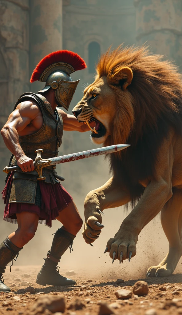 "Create an ultra-realistic, 8K resolution image of an epic battle between a formidable warrior, resembling Spartacus, and a powerful lion. The warrior is in the heat of battle, his muscular frame highlighted by the intensity of the scene. He wears traditional gladiatorial armor, including a battered bronze helmet with a red plume, a dented breastplate, and a shield covered in scratches and bloodstains. His face is a mix of focus and fierce determination, with sweat and dirt marking the strain of the fight. In his hand, he wields a sharp, bloodied sword, raised mid-swing to defend himself.

The lion is captured mid-attack, its massive body lunging towards Spartacus with claws extended and jaws wide open, ready to strike. The lion’s mane is wild and untamed, with every strand of fur meticulously detailed. Its eyes are fierce, and its muscles ripple as it moves, showcasing the raw power and danger of the beast.

The backdrop is a rugged, ancient battlefield or a coliseum-like arena, filled with dust and debris kicked up by the intensity of the fight. The lighting is dramatic, casting long shadows and highlighting the sweat, blood, and determination of both combatants. The background is slightly blurred, keeping the focus on the visceral clash between man and beast, emphasizing the realism and tension of this life-or-death struggle."