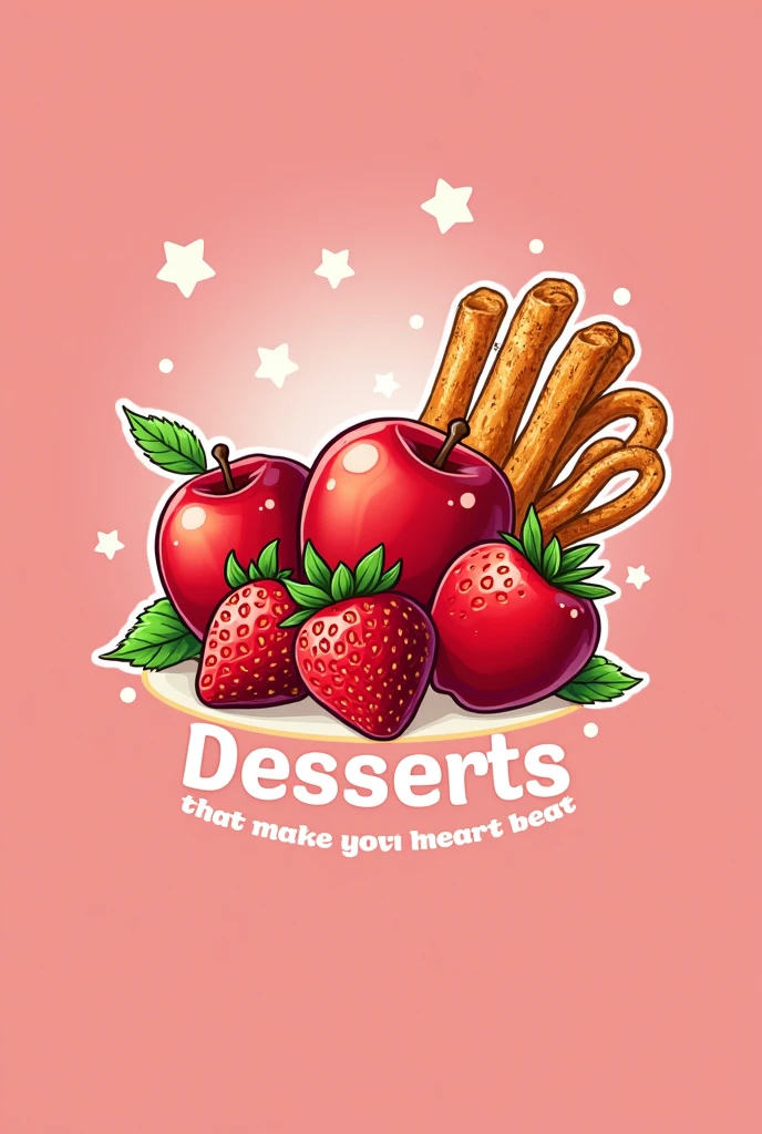 A logo for a dessert shop, that has apples, strawberries and churros, that is lively and has the phrase “desserts that make the heart beat” and has pink tones