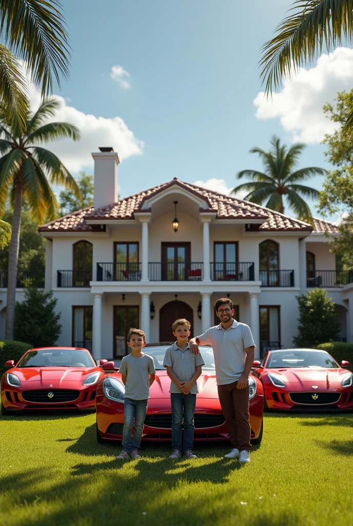 three kids
millionaire men in front of a mansion with cars (detailed) (Realist)



