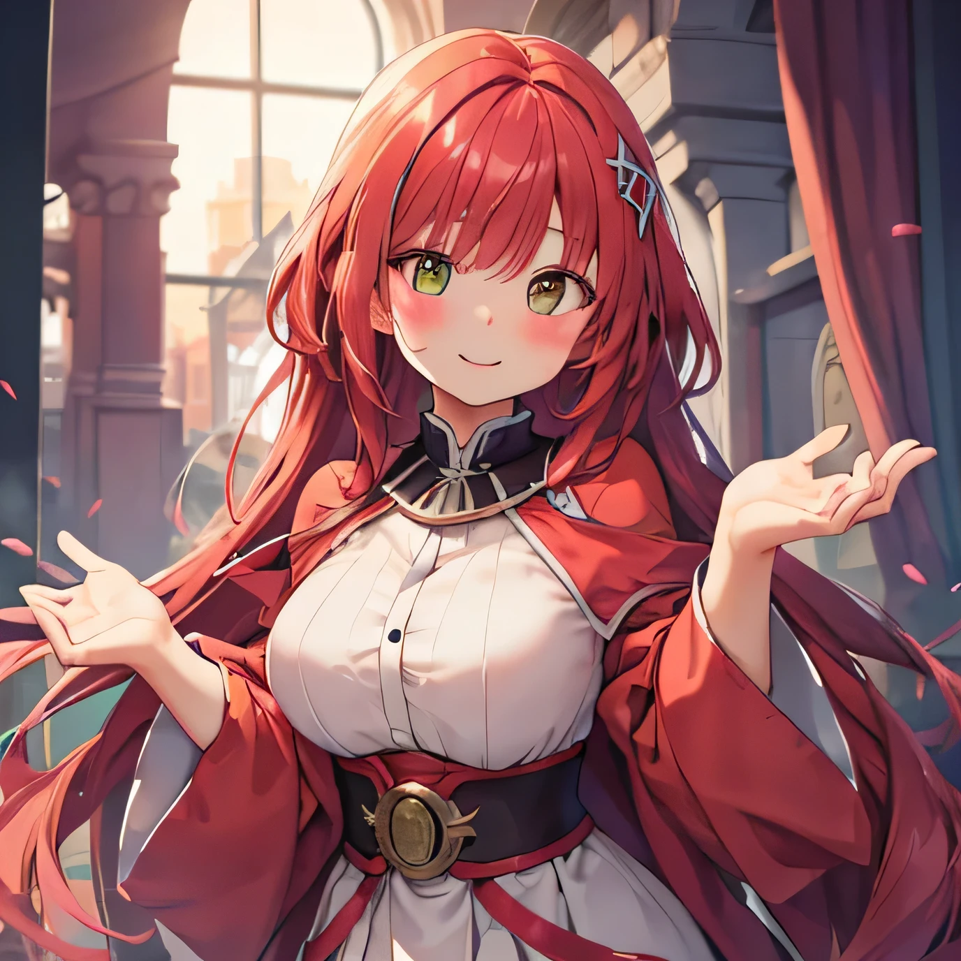 red hair girl, very long hair, Waist length hair, green eyes, sorceress, lovely smile, blushing cheeks. 