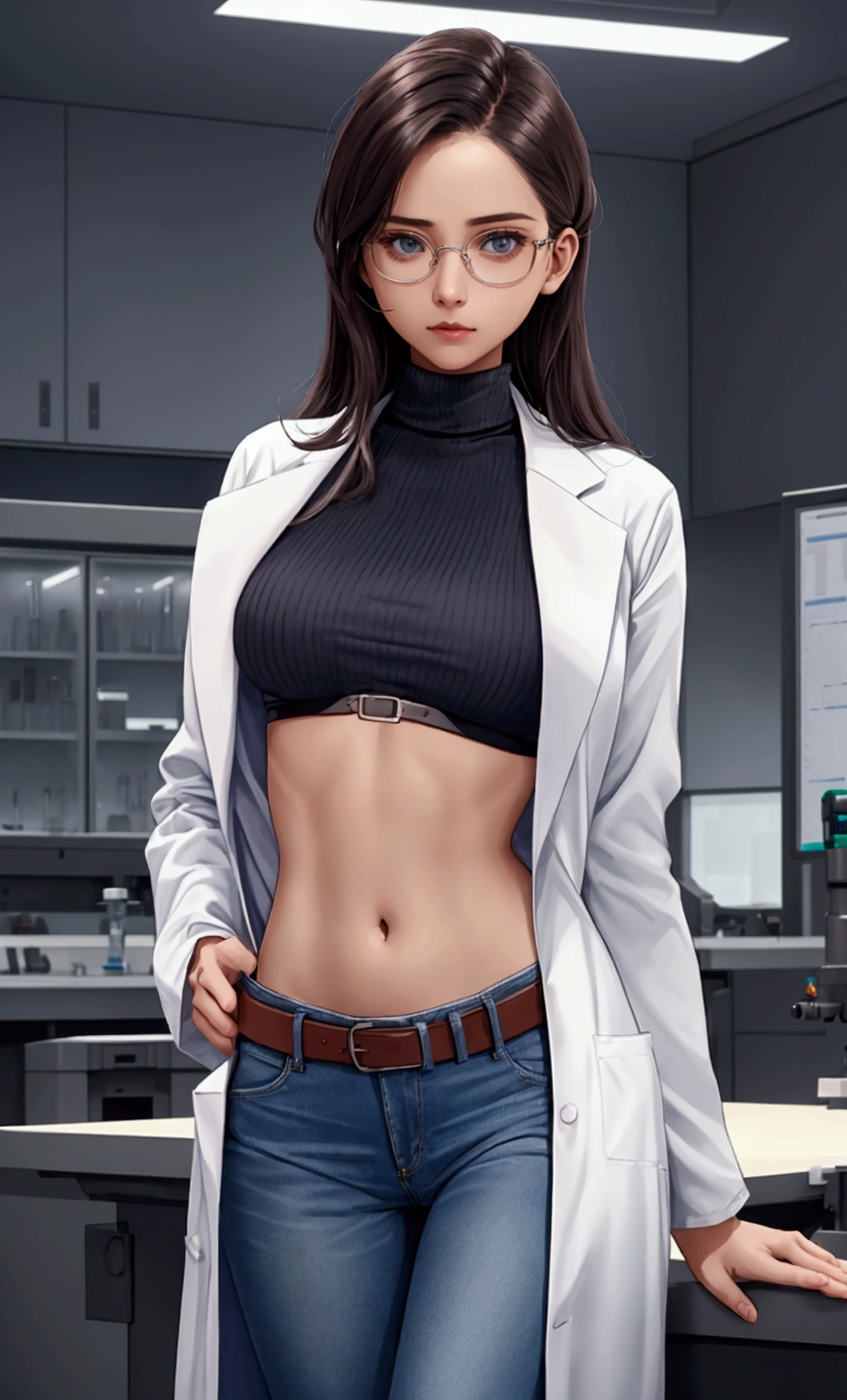 Girl in Laboratory, Turtle-neck, lab coat, showing navel, belt, Exposing the abdomen below the navel, well-dressed, glasses, blue jean, laboratory
