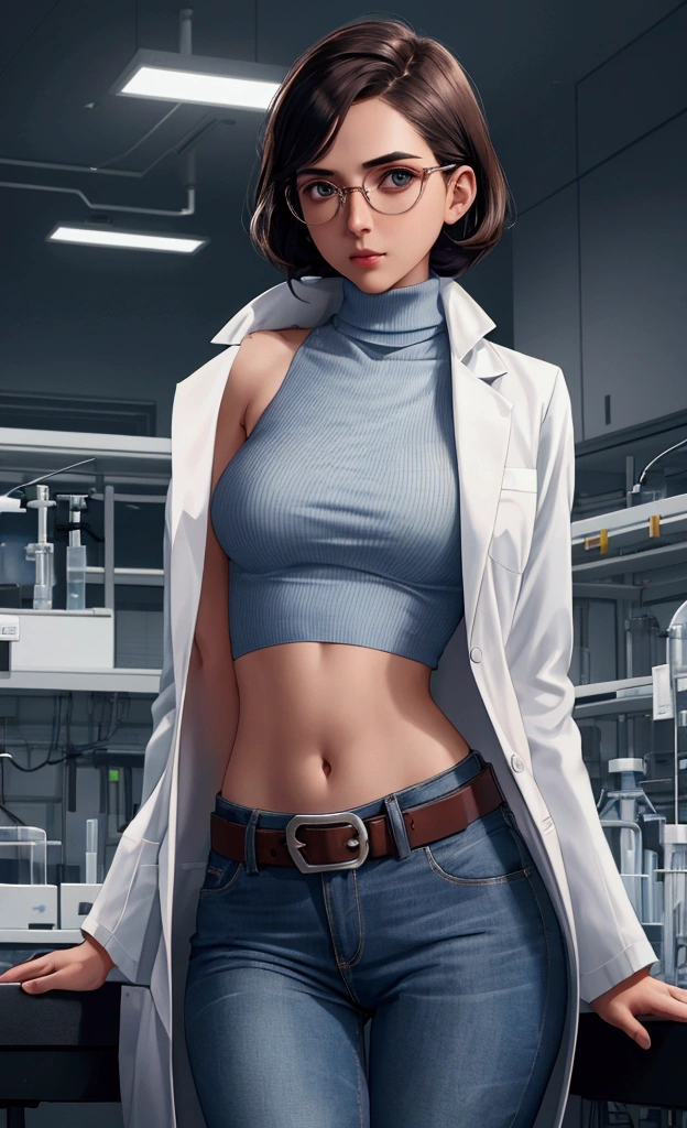 Girl in Laboratory, Turtle-neck, lab coat, showing navel, belt, Exposing the abdomen below the navel, well-dressed, glasses, blue jean, laboratory
