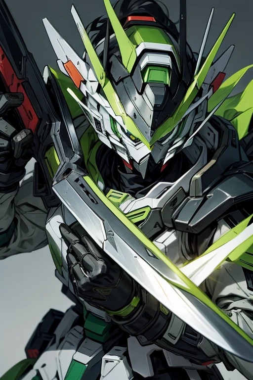 Black gundam, green visor, gray plates, holding sword