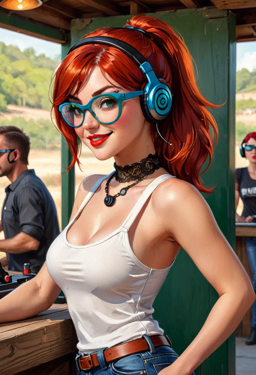 ((shooting gun)),((target practice, shooting range:1.4)).(sultry eyes, flirty smile:1.2).(ultra realistic illustration:1.3).Sexy 23yo French woman, dyed red hair, green eyes. fit, natural perky breasts, perfect round ass, (suntan). (bangs, long hair:0.8), red lipstick, ponytail, ((safety goggles, headphones)), choker, lace tank top, jeans, high heels. Masterpiece, best quality,(highly detailed:1.2),(detailed face and eyes:1.2), 8k wallpaper, depth of field, natural lighting. core shadows, high contrast, bokeh.(rule of thirds), cinematic, atmospheric, contrast, intricate,