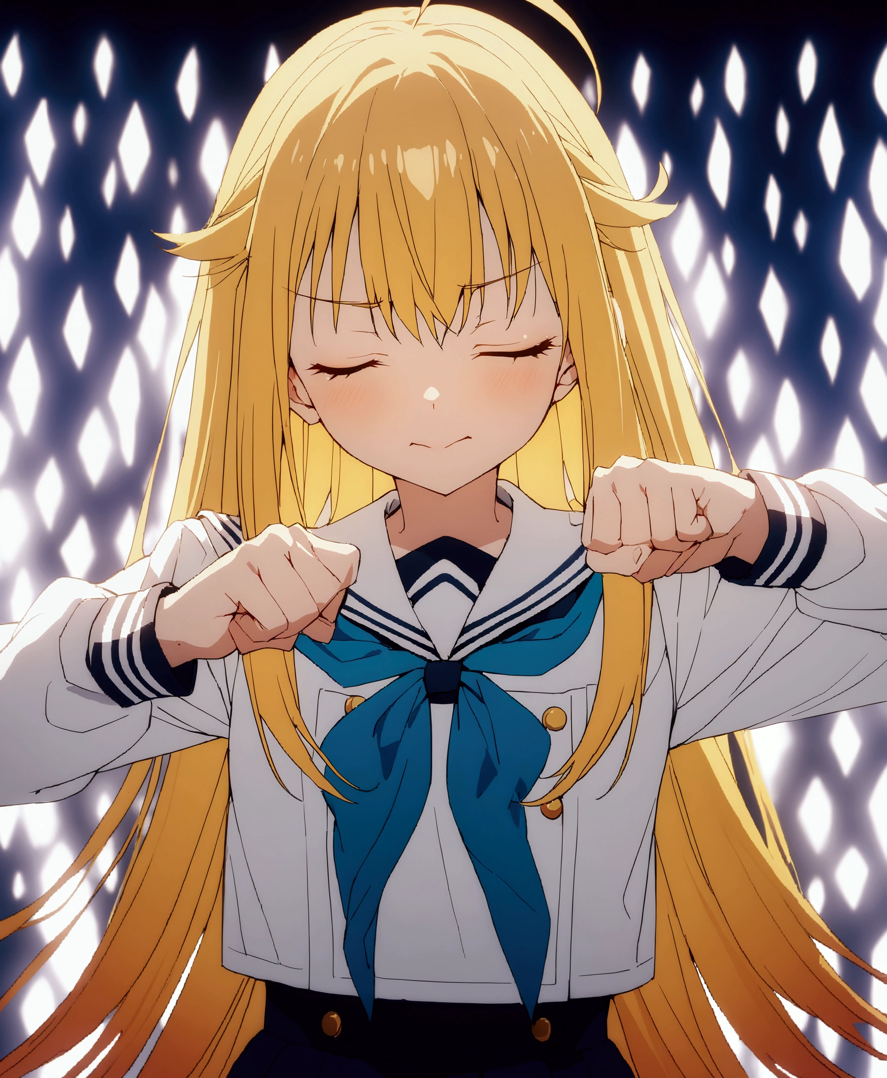 masterpiece, Highest quality, Ultra-high resolution, beautiful girl, (Face close-up:1.5),Straight Hair,hair color is light yellow,Looks about 17 years old,White Sailor Suit, The large ribbon on the front of the sailor uniform is light blue.,Live venue stage,Blurred Background,(Eyes completely closed:1.5)、ahoge,Clenched fist