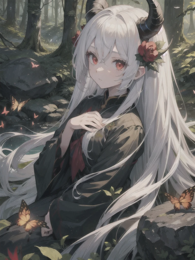 a girl in a forest, 1 girl, white hair, long hair, red eyes, extremely long hair, horns, rocks, solo focus, night, butterflies, flowers, leaves, highly detailed, detailed background