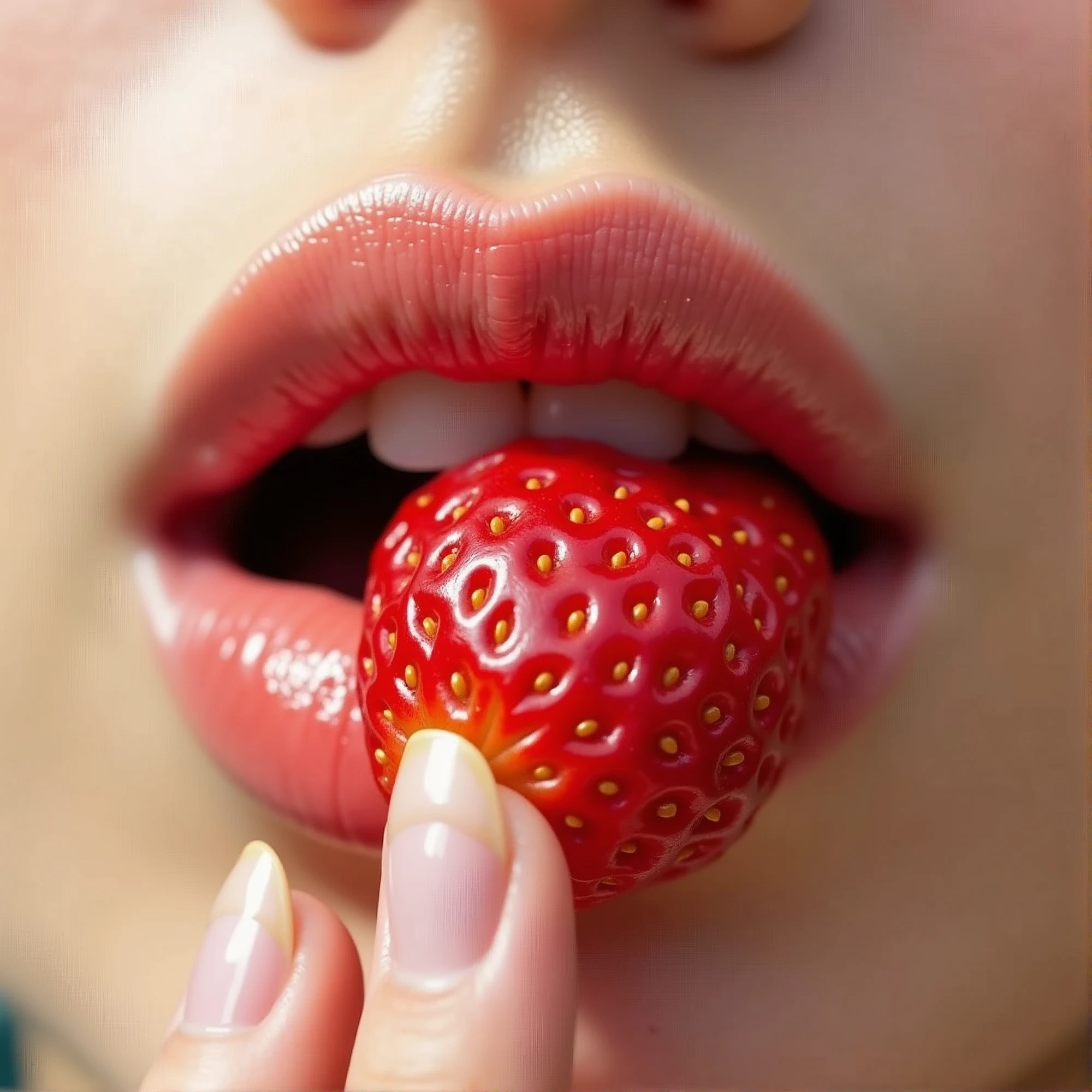 Frontal close-up of glossy female lips, pale skin tone, gently biting into a strawberry, with drops of juice shining on her lips, with soft pastel background.