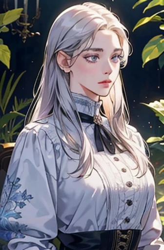 a determined victorian era woman in her early 30's wearing white coat, scholarly, surrounded by plants, straight white medium-length hair, striking purple eyes, detailed realistic portrait, photorealistic, hyperrealistic, 8k, detailed clothing, beautiful detailed eyes, beautiful detailed lips, extremely detailed face, intricate ornate details, cinematic lighting, dramatic shadows, warm color tones, natural lighting, highly detailed, masterpiece, artstation, sharp focus, hyper detailed, half body