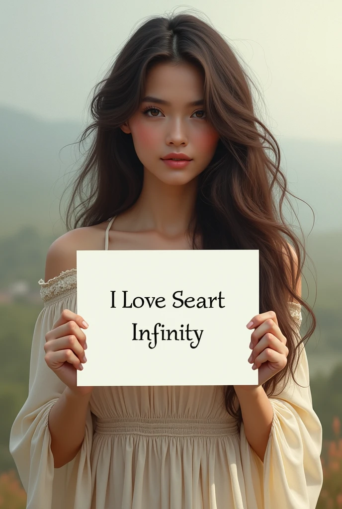 Beautiful girl with wavy long hair, bohemian dress, holding a white board with text "I Love Seaart Infinity" and showing it to the viewer
