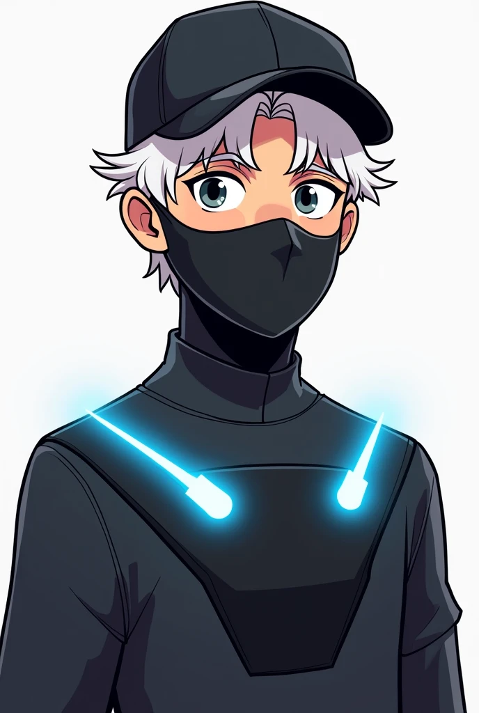 Cartoon style avatar illustration, man with white hair black cap, with a black mask, with the black chest with blue lights coming out