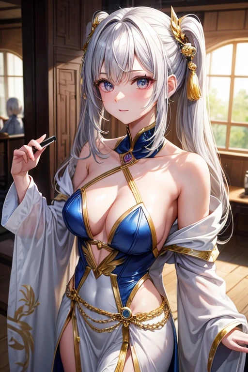 male性、A hairstyle in which the entire hair is swept back、Odd Eye、Silver hair back、male、Her hair is shoulder-length、Odd Eye、maleの左目赤色、male右目青、Increase the wide angle、Clear Eyes、male性、White and gold magic costume