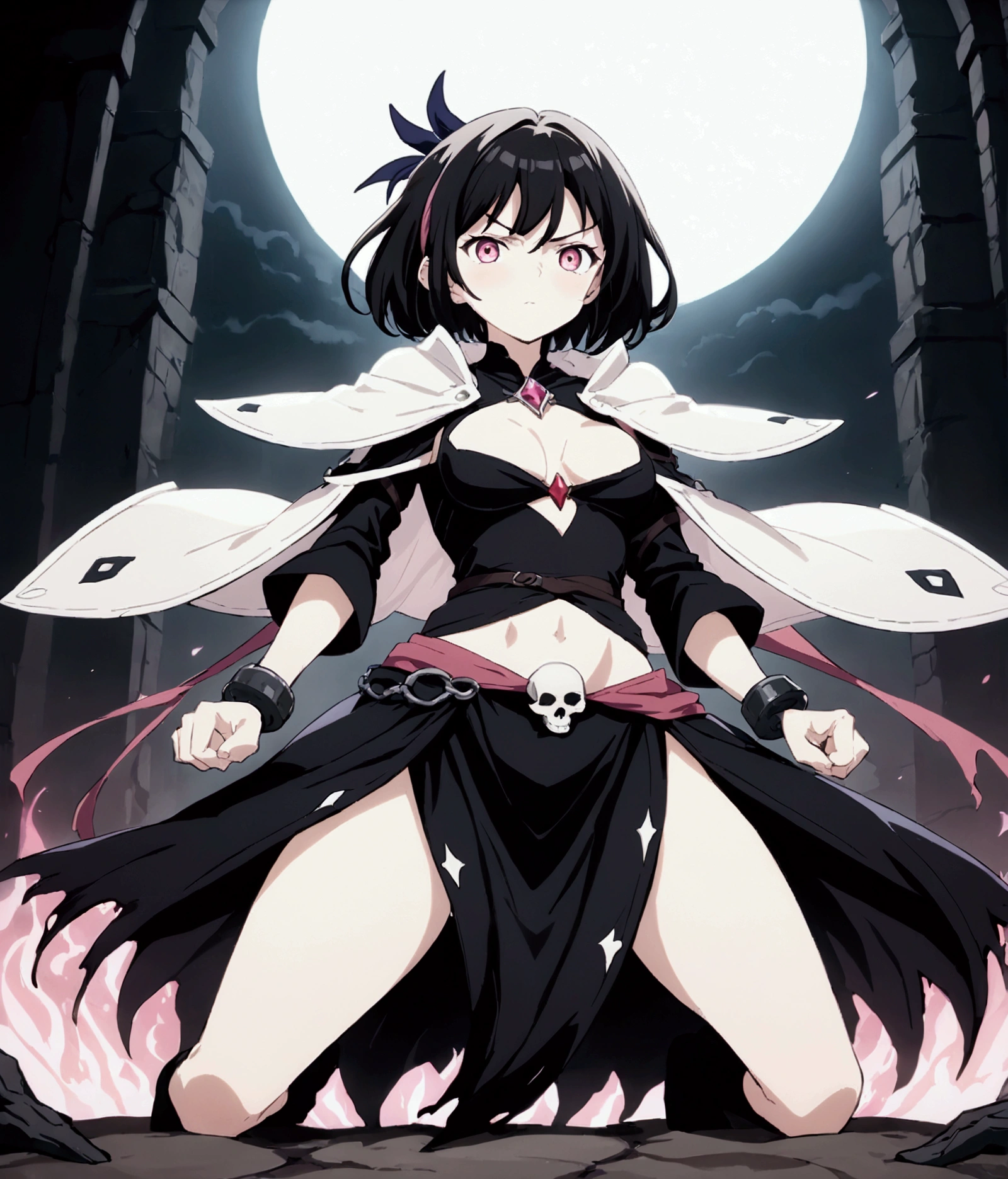 anime screenshot, 1 adult girl, dark sorceress witch, magic battle scene, powerful sorcery technique, anime tv, anime fantasy shonen, dark fantasy, magic ability, pink fire skeletons, cel shading: adult female witch in attack stance, crawling ready to attack, chained in holy shackles, very short charcoal black hair covering her face as if very dark and light, a look of murderous madness and an athletic body, dark torn clothes with a long dirty torn dress, skeleton summoning
