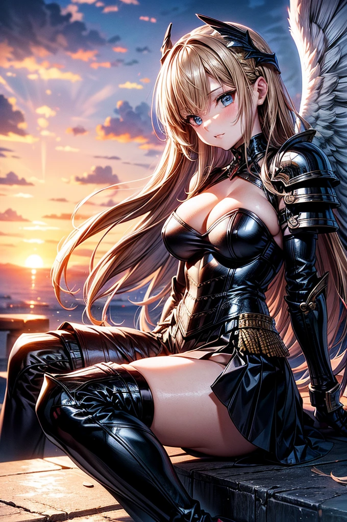 female archangel prepared for battle, an extremally beautiful warrior valkyre, ultra feminine, long hair, dark blonde hair, braided hair, wearing divine heavy armor, long leather boots, cleavage, big breasts, (white armor: 1.2), full plate armor, (angel wings: 1.2) spread, angel wings on both sides of her back, posing for a picture, full body, floating mid-air, sunset, 16k, RAW, ultra wide shot, photorealism, depth of field, hyper realistic, 2.5 rendering, ray tracing