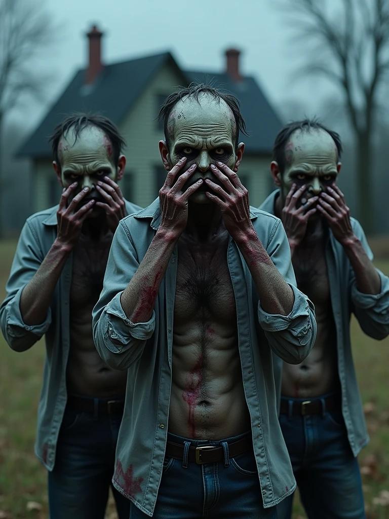 Three zombies pose as if to say 'see no evil, hear no evil, speak no evil'. The first zombie covers its eyes, the second zombie covers its ears, and the third zombie covers its mouth. The zombies have rotting skin and torn clothes. There is an abandoned house in the street in the background to keep the focus on the zombies only. There is no text on the zombies' clothes or the character bases. The zombies should look more three-dimensional and plastic, with enhanced depth and textures to make them look more realistic. At midnight, natural light, beautiful colors, sharp 8k.