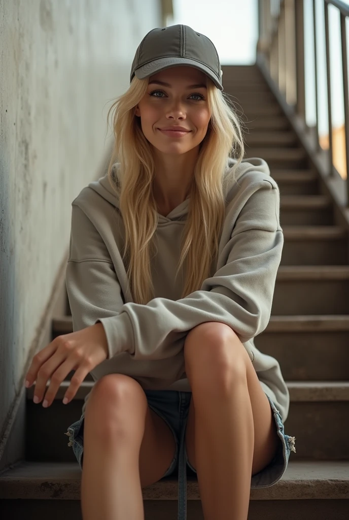 ((Masterpiece artwork, top-quality, high resolution, highly detailed 8K unified CG wallpaper)), (huge stunning photo of goddess, Very hot and sexy, jaw dropping beauty, perfect proportions, Body cute, slim body beauty: 1.3), Portrait of a girl named Jocelyn, german, blonde, shy, sitting on the stairs, Grinning, casually dressed, (wearing a baseball cap, hooded sweatshirt, jean shorts and sneakers:1.2), (view from the bottom:1.6), image ultra realistic, vibrant and clear, dynamic view with perfect symmetry,, high level of detail and definition, 1200 PPI - Photographic resolution with greater color realism, hyperrealisti, high fidelity, cinematic, 8K UHD image resolution.