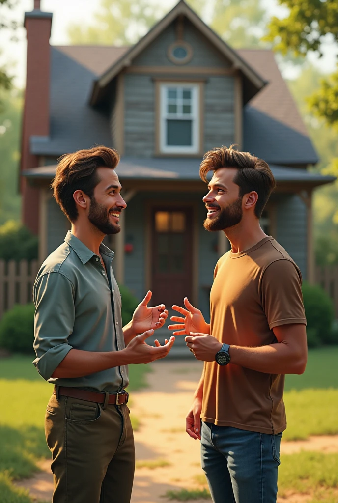 Two man talking out house 