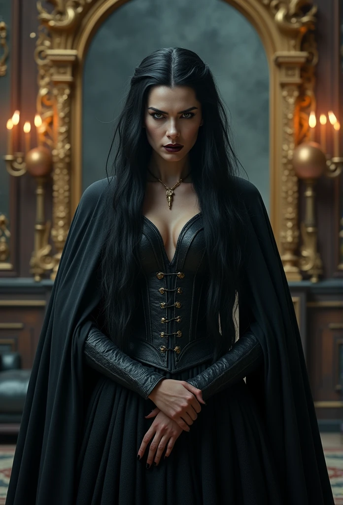 masterpiece, best quality, HD, Delicate texture, Real People,Realistic style,Evil Witch Queen, Fierce expression, Fantasy Art,Black long hair,Magic Mirror, palace, Black robe,Movie Lighting,Looking at the camera