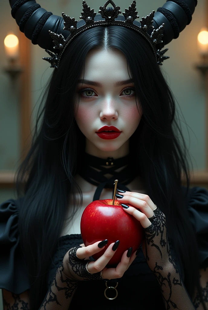 ((RAW Photo), absurd, (absurdresolution)), masterpiece, best quality, (Extremely detailed 8k unity CG wallpaper), (best illustration), (best shadow), Realistic lighting, beautiful detailed glow, ((21 years old)), girl, long black hair, black queen, accessories, apple in hand, poisoned apples, witch queen, red lipstick, (((Photographic Perspective of her)))