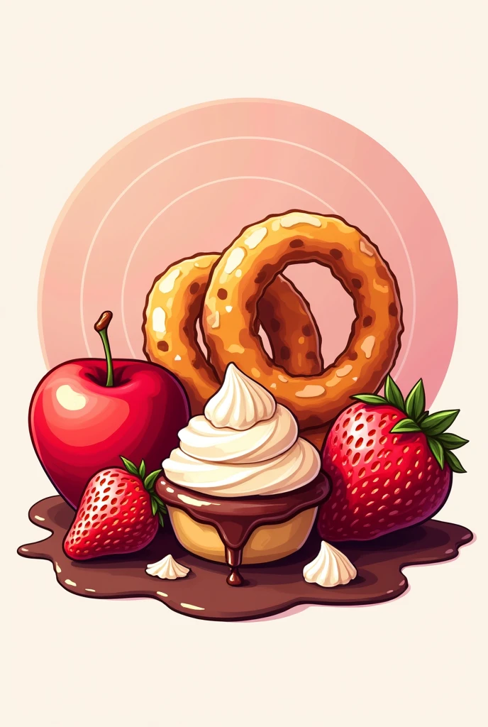 A logo for a dessert shop, that has apples, strawberries and churros, that is lively and has the phrase “desserts that make the heart beat” and has pink tones. Let the churros be bigger and the strawberries and apples be caramelized