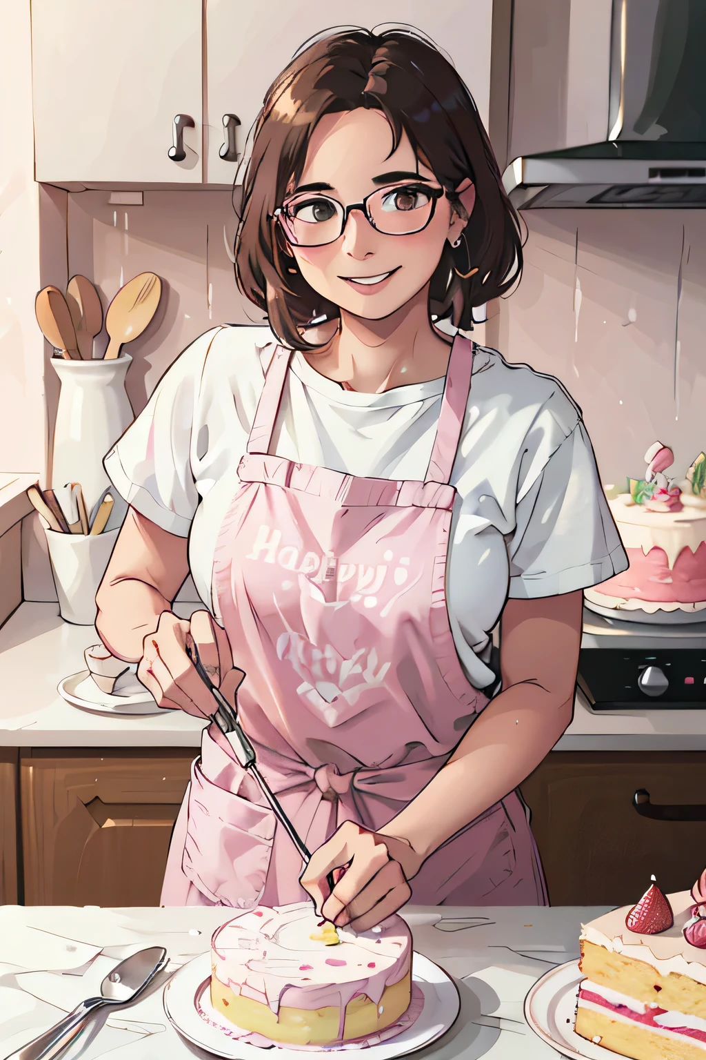 a woman with glasses , 55 years old, in apron , smiling and looking at the cake, while you finish your cake. a beautiful and detailed pink birthday cake, some kitchen utensils on the table, the place is a grocery store, with cozy decoration, the image must be cartoon style, watercolor