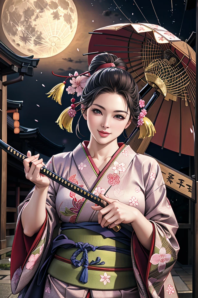(Browsing Caution), (RAW Photos), (Realistic), (Photorealistic), Ultra-high resolution, masterpiece, Highest quality, Portraiture, facial Portraiture, Perfect lighting, Detailed lighting, Dramatic Shadows, Ray Tracing, Pure Eros Face_v1, Urzan-6500-v1.1, ((smile)), ((upper body:1.2)), ((random sexy pose)), looking at viewer, ((wearing a kimono)), ((holding a Japanese Katana)), ((in old Japanese street)), ((night)), ((full moon)), ((background with Cherry blossom)), ((Japanese tattoo)),