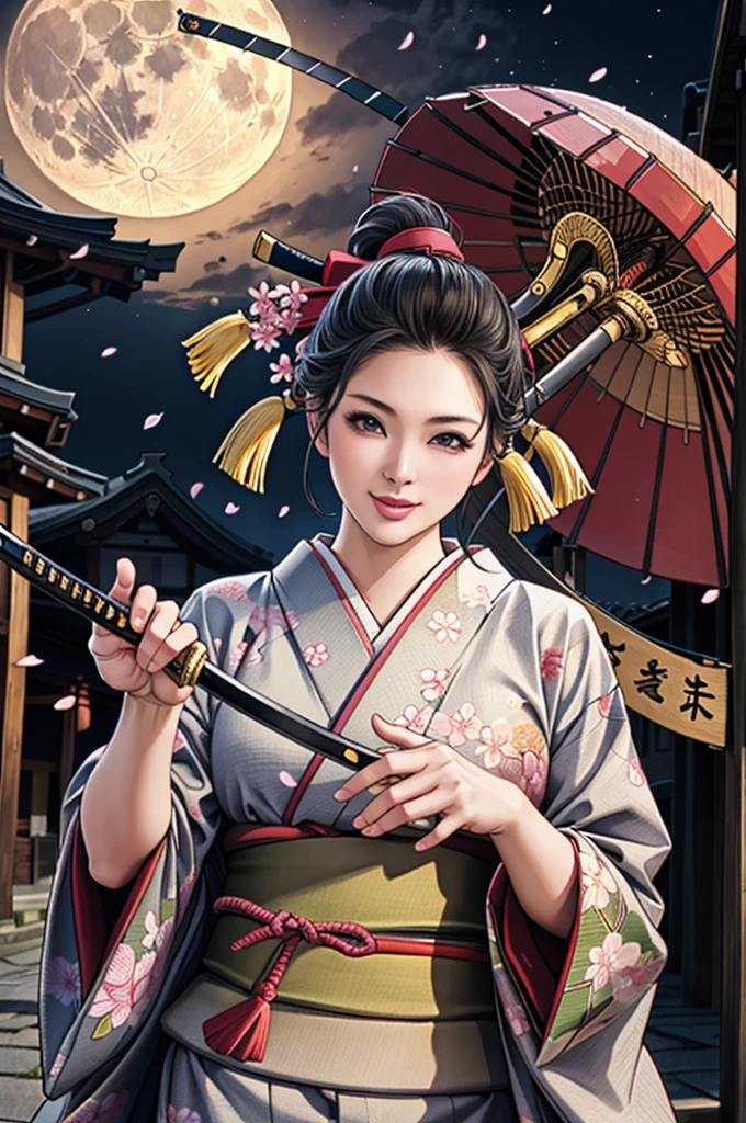 (Browsing Caution), (RAW Photos), (Realistic), (Photorealistic), Ultra-high resolution, masterpiece, Highest quality, Portraiture, facial Portraiture, Perfect lighting, Detailed lighting, Dramatic Shadows, Ray Tracing, Pure Eros Face_v1, Urzan-6500-v1.1, ((smile)), ((upper body:1.2)), ((random sexy pose)), looking at viewer, ((wearing a kimono)), ((holding a Japanese Katana)), ((in old Japanese street)), ((night)), ((full moon)), ((background with Cherry blossom)), ((Japanese tattoo)),