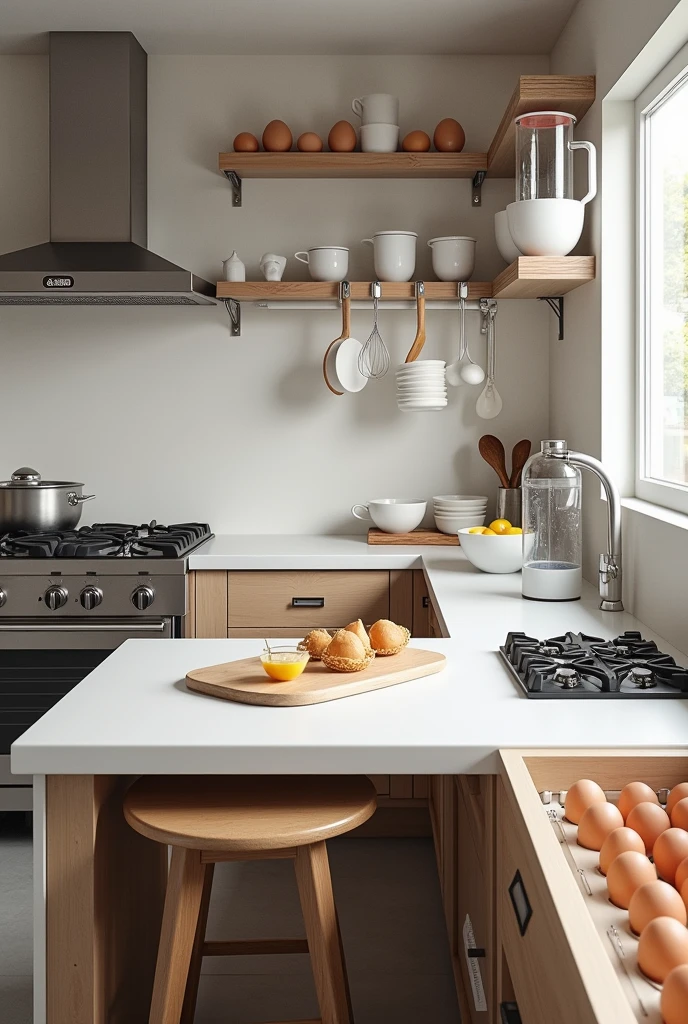 design a kitchen layout that optimizes the use of tools for efficient egg preparation with name of tool and equipment name