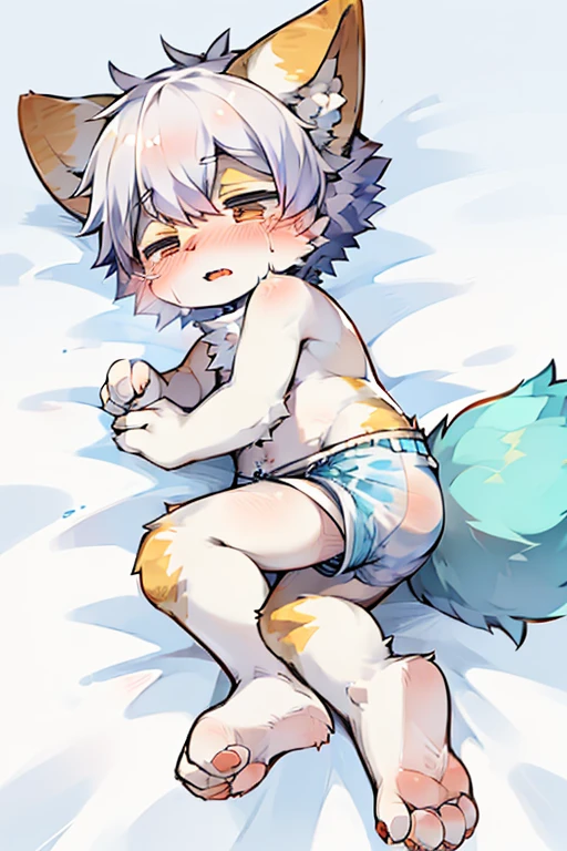 kemono, fur, boy, toddler, cute, Fluffy, best quality snow, lying, Fluffy tail, foot, diaper, 푹신한 diaper, 큰 diaper, no bottoms, no top, pooping, dirty diaper, diaper mess, wet diaper, crying