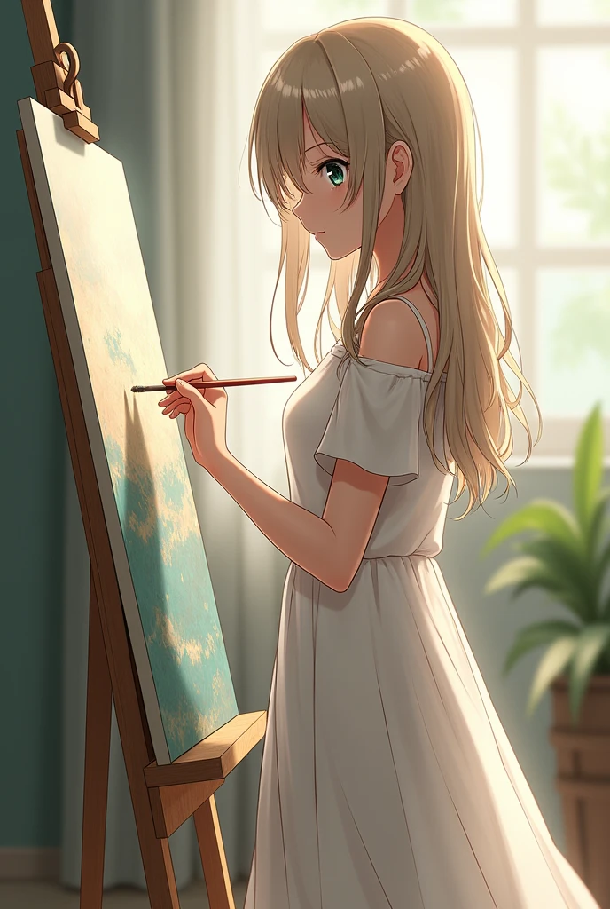 I'm making an anime story with interesting characters, So make me a picture of an anime character with the following characteristics: 19 year old female, thesis clara, Ash blonde hair straight down to her lower back, dark green eyes, innocent look, medium complexion, very beautiful. She wears a loose white dress that reaches her knees..She is brushing an oil painting. with a serene countenance and a scattered gaze. He often wanders in his thoughts.