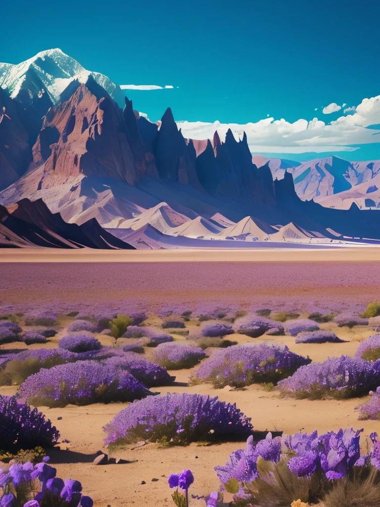 purple flowers growing in the desert with mountains in the background, desert flowers, incredibly beautiful, beautiful nature, death valley, !!natural beauty!!, surreal waiizi flowers, really beautiful nature, stunning nature in background, beautiful!!!!!!!!!, beautiful aesthetic, stunning photograph, in the dry rock desert, nature in all its beauty, patchy flowers, natural beauty, beautiful image ever created
