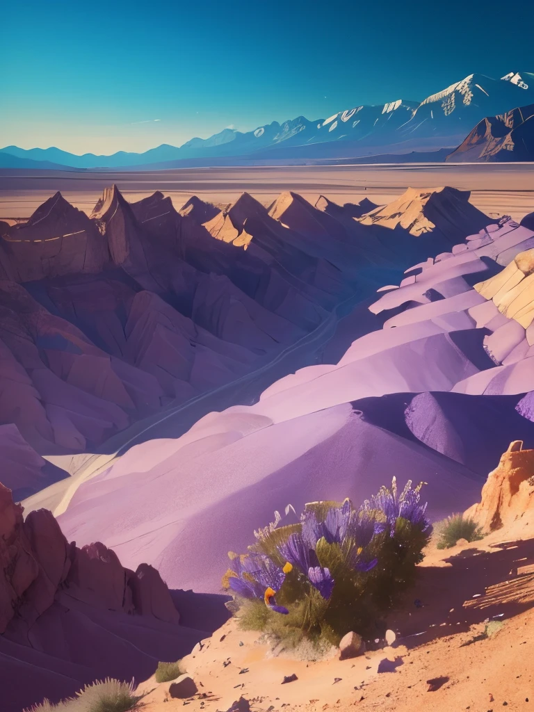 purple flowers growing in the desert with mountains in the background, desert flowers, incredibly beautiful, beautiful nature, death valley, !!natural beauty!!, surreal waiizi flowers, really beautiful nature, stunning nature in background, beautiful!!!!!!!!!, beautiful aesthetic, stunning photograph, in the dry rock desert, nature in all its beauty, patchy flowers, natural beauty, beautiful image ever created