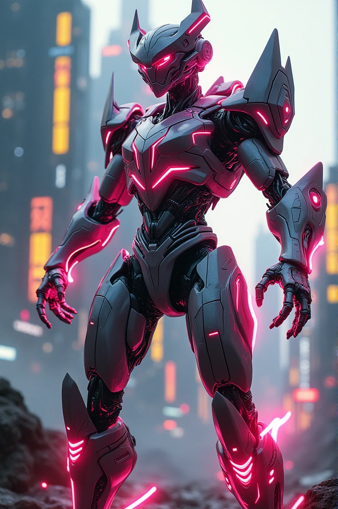 a powerful and heroic character of nezha, transforming robot, futuristic cyberpunk landscape, detailed mechanical design, dynamic action pose, glowing energy effects, dramatic cinematic lighting, vibrant neon colors, intricate technological details, seamless integration of organic and mechanical elements, highly detailed rendering, cinematic depth of field, photorealistic quality, striking visual composition, masterpiece