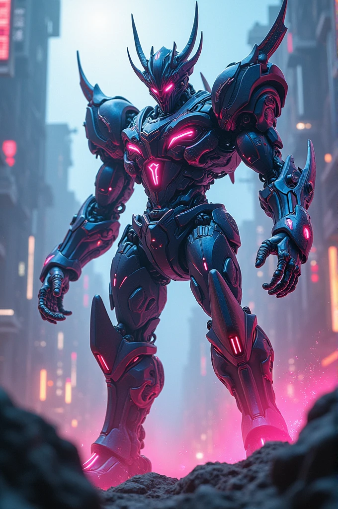 a powerful and heroic character of nezha, transforming robot, futuristic cyberpunk landscape, detailed mechanical design, dynamic action pose, glowing energy effects, dramatic cinematic lighting, vibrant neon colors, intricate technological details, seamless integration of organic and mechanical elements, highly detailed rendering, cinematic depth of field, photorealistic quality, striking visual composition, masterpiece