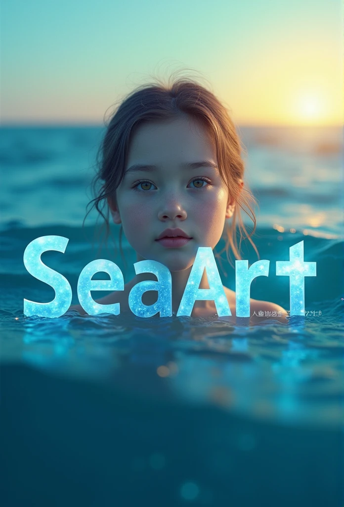 masterpiece, A silhouette of a young and beautiful face shining transparently on the surface of the vast blue sea, Typography, In the center "SeaArt Challenge" Large text, looking at the camera,