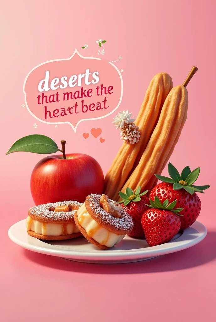 A logo for a dessert shop, that has apples, strawberries and churros, that is lively and has the phrase “desserts that make the heart beat” and has pink tones. Let the churros be bigger and the strawberries and apples be caramelized 