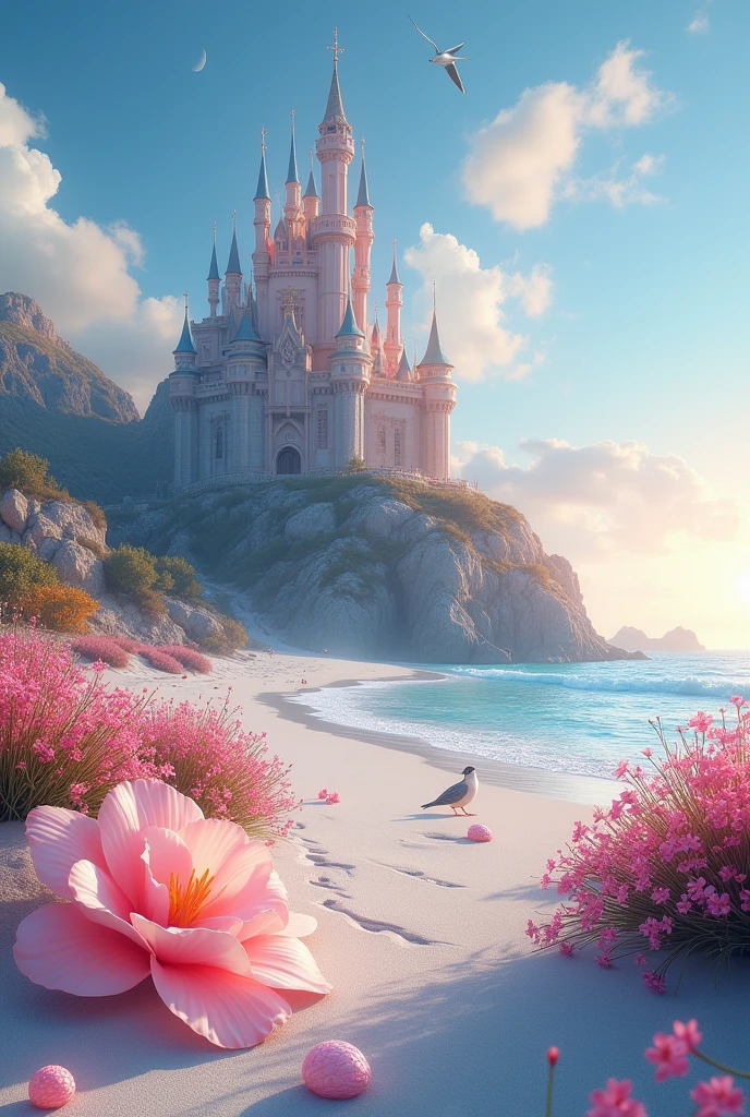 castle, Flowers, Exquisite scenes, Sky, White Cloud, The sun shines on the white sand beach. birds, pink Flowers and bright big shells, Diamond crystal, on the beach, fantasy, night Sky, moon, smokes, fire, photo, HD, 8K, UHD, Super Detail, high quality, 1080P  