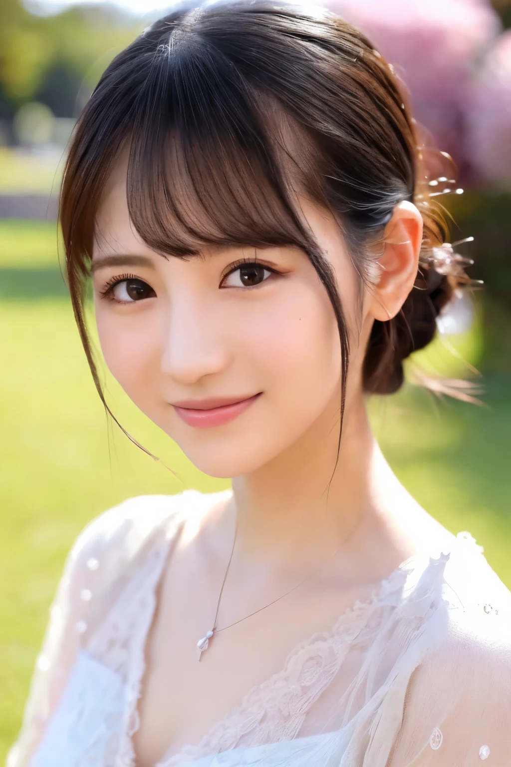 ((Highest quality、masterpiece、8k、Best image quality、Hyperrealism、Award-winning works)), One Girl, (Elegant Dresses: 1.1), (Strongly blurred park background:1.1), Very beautiful face, Delicate eyes, double eyelid, smile, (Face close-up:1.3)