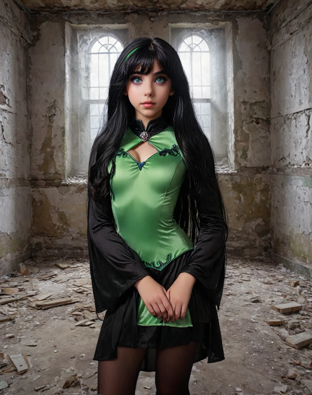 a young girl with green eyes and long black hair, , wearing a Daphne from Scooby-Doo cosplay outfit, posing seductively in an abandoned room, highly detailed, photorealistic, 8k, intricate details, dramatic lighting, moody atmosphere, cinematic composition, dark and gritty, Severus Snape's daughter