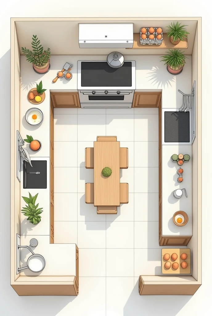 drawing of design a kitchen layout that optimizes the use of tools for efficient egg preparation with name of tool and equipment name
