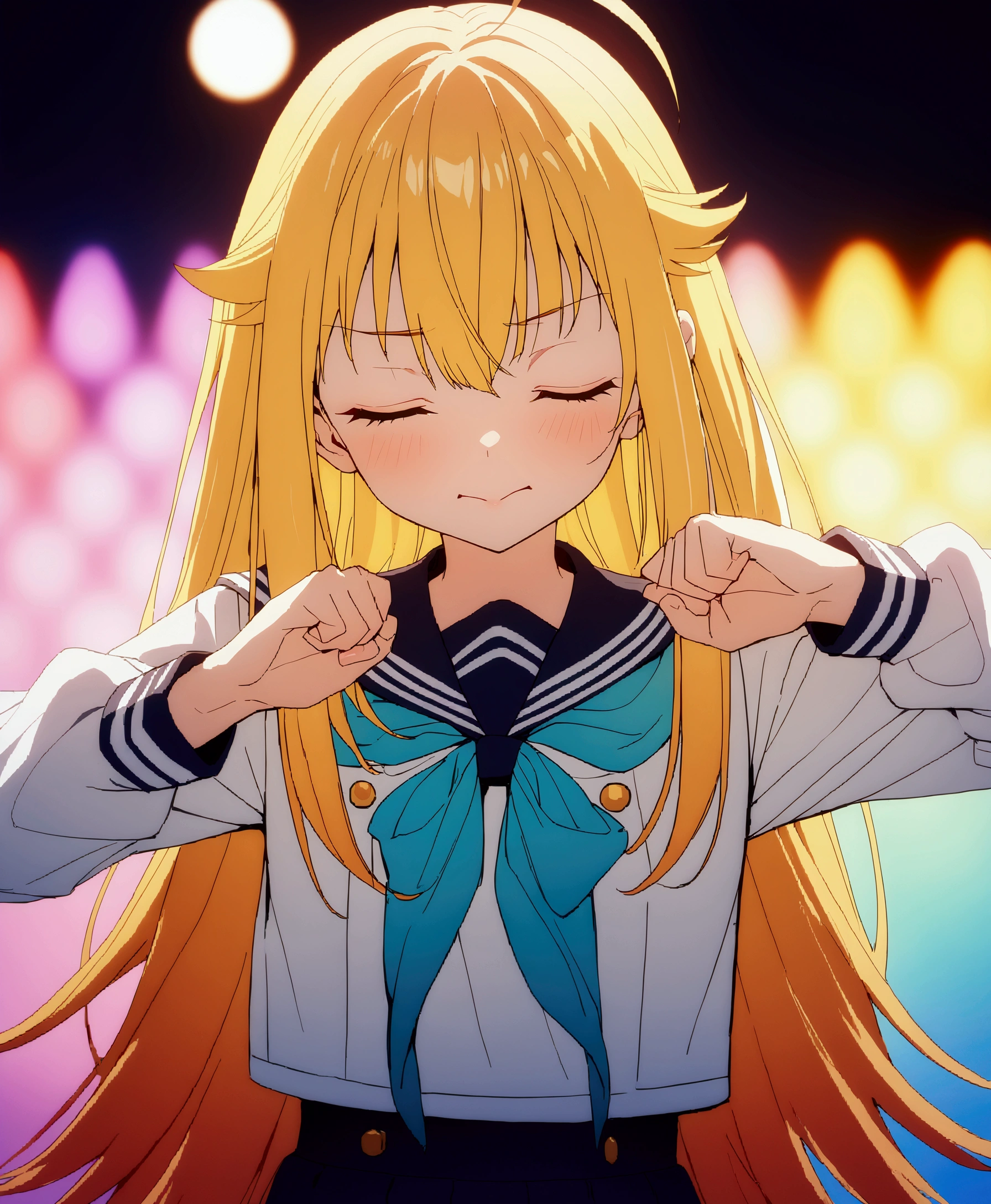 masterpiece, Highest quality, Ultra-high resolution, beautiful girl, (Face close-up:1.5),Straight Hair,hair color is light yellow,Looks about ************,White Sailor Suit, The large ribbon on the front of the sailor uniform is light blue.,Live venue stage,Blurred Background,(Eyes completely closed:1.5)、ahoge,Clenched fist