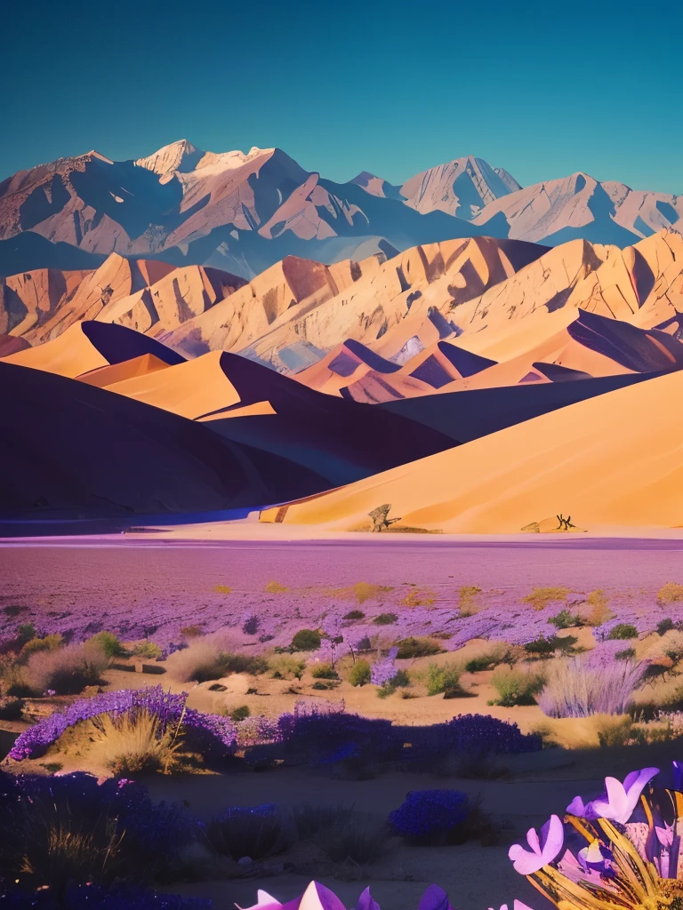 purple flowers growing in the desert with mountains in the background, a mosaic by Anita Kunz, tumblr, land art, desert flowers, incredibly beautiful, beautiful nature, death valley, !!natural beauty!!, surreal waiizi flowers, really beautiful nature, stunning nature in background, beautiful!!!!!!!!!, beautiful aesthetic, stunning photograph, in the dry rock desert