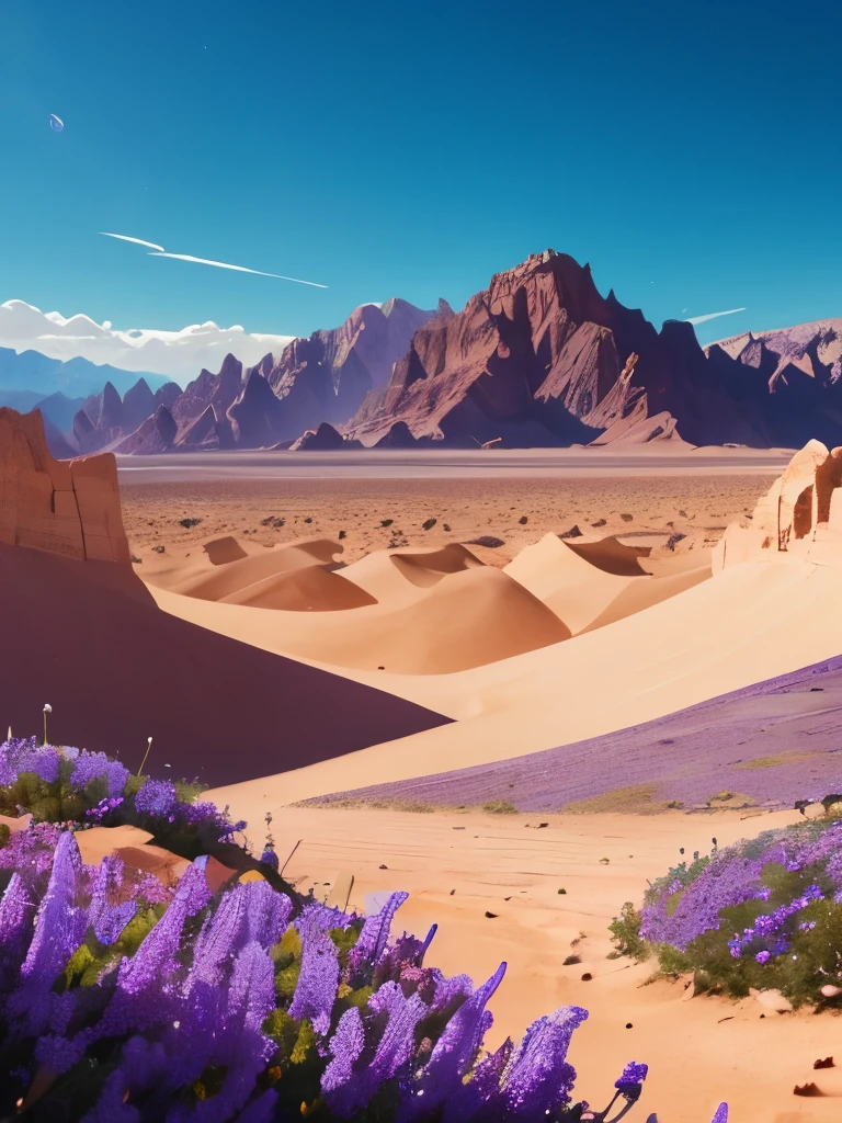 purple flowers growing in the desert with mountains in the background, a mosaic by Anita Kunz, tumblr, land art, desert flowers, incredibly beautiful, beautiful nature, death valley, !!natural beauty!!, surreal waiizi flowers, really beautiful nature, stunning nature in background, beautiful!!!!!!!!!, beautiful aesthetic, stunning photograph, in the dry rock desert