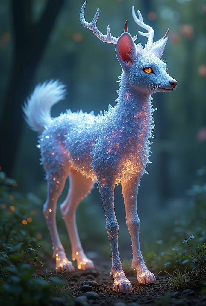 A slender and elegant creature, with the head of a lynx and the body of a deer, but its skin is composed of bright, transparent crystals. These crystals change color depending on the mood of the Chimera., creating a spectacle of lights and colors in its surroundings. Their legs are thin but powerful., allowing him to move with a supernatural grace. The Crystalline Chimera lives in the enchanted forests and is known for its ability to heal wounds by simply touching other living beings with its pure crystal horn that it wears on its forehead..