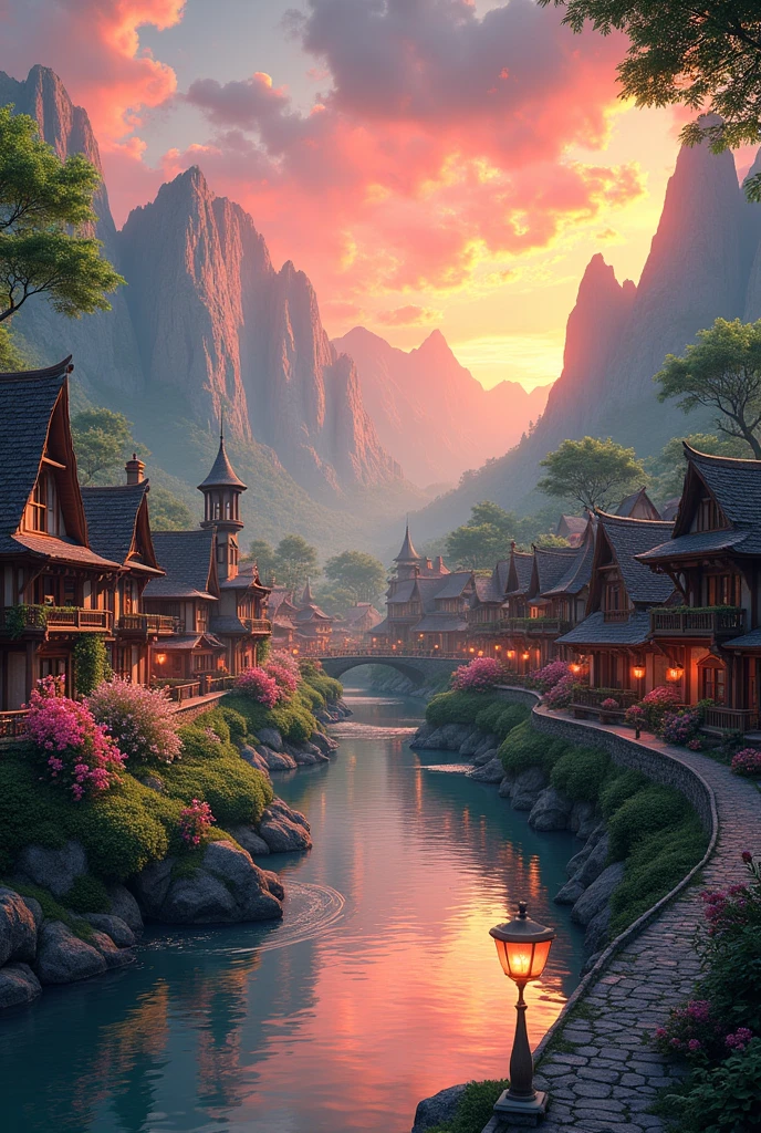 a small village by the river, mountains in the background, floral flowers colorful, detailed landscape, Beautiful natural landscapes, atmospheric lighting, scorching sunset, warm colours, practical, photopractical, Detailed Foliage, complex buildings, cobblestone street, Charming country house, swirly vibrant colors, lush vegetation, Still water reflections, Picturesque, idyllic, work of art, best qualityer, 8k, extremely detaild,anime styling