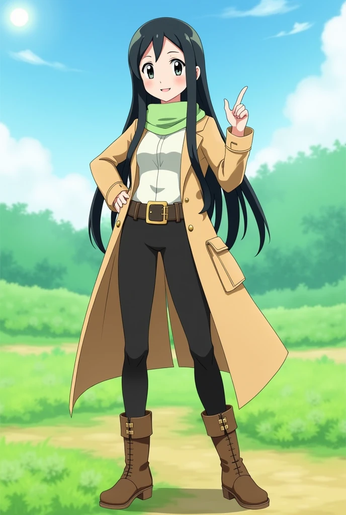 General description:
"A young girl with long, straight black hair, with a happy and friendly expression. She has a slim figure and delicate and expressive facial features.."
Clothes and accessories:
"Dressed in a long beige trench coat that reaches to the knees, open to reveal a high-necked white shirt. He wears tight black pants and brown military-style boots.. The trench coat has a belt tied at the waist and several pockets on the front.. He also wears a light green scarf around his neck.."
Expression and Posture:
"With a happy and confident expression, standing in a natural posture, with one hand on the hip and the other raised as if he were waving or pointing at something."
Environment and background:
"In a vibrant environment reminiscent of a Pokémon landscape, like an open field or meadow, with green vegetation and a clear sunny sky."
artistic style:
"Anime or manga style, maintaining the aesthetics and visual characteristics of the Pokémon characters."