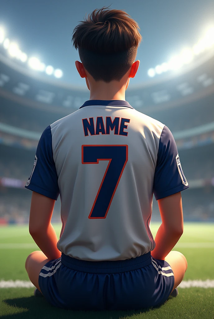 A teenager sitting with the number 7 on his back and with the name attached to his back