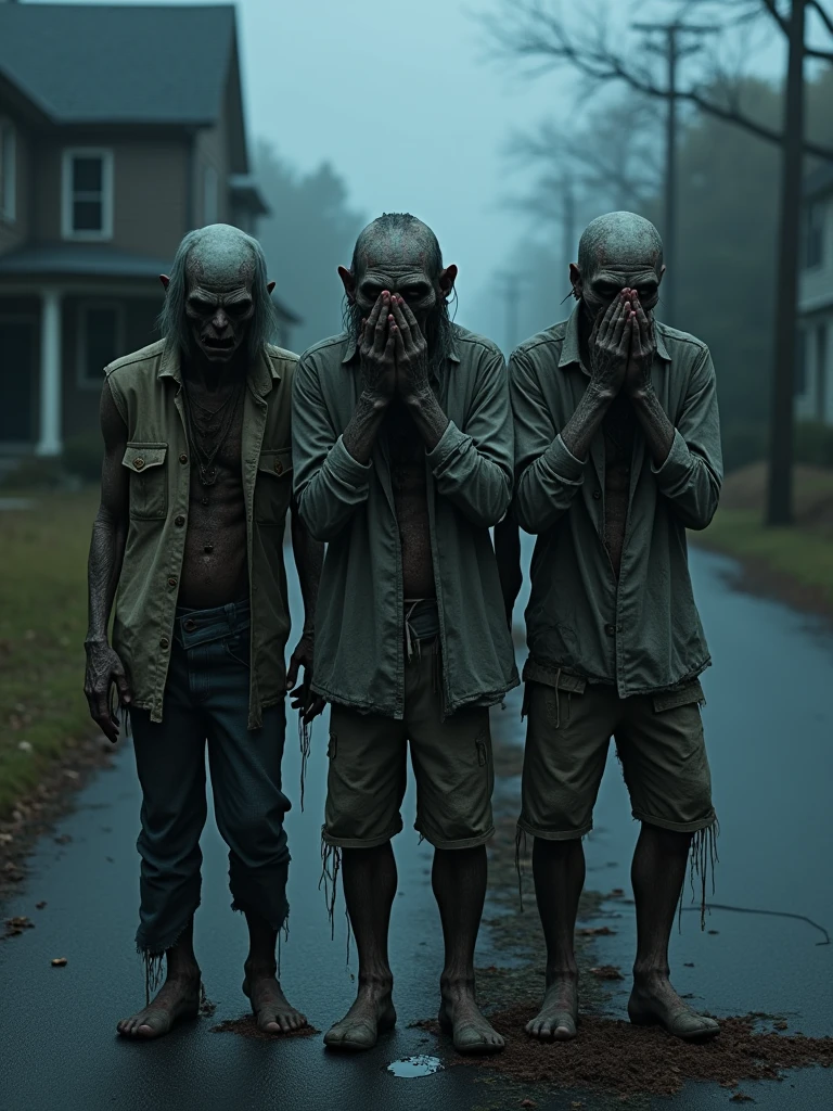 Three zombies pose as if to say 'see no evil, hear no evil, speak no evil'. The first zombie covers its eyes, the second zombie covers its ears, and the third zombie covers its mouth. The zombies have rotting skin and torn clothes. There is an abandoned house in the street in the background to keep the focus on the zombies only. There is no text on the zombies' clothes or the character bases. The zombies should look more three-dimensional and plastic, with enhanced depth and textures to make them look more realistic. At midnight, natural light, beautiful colors, sharp 8k.