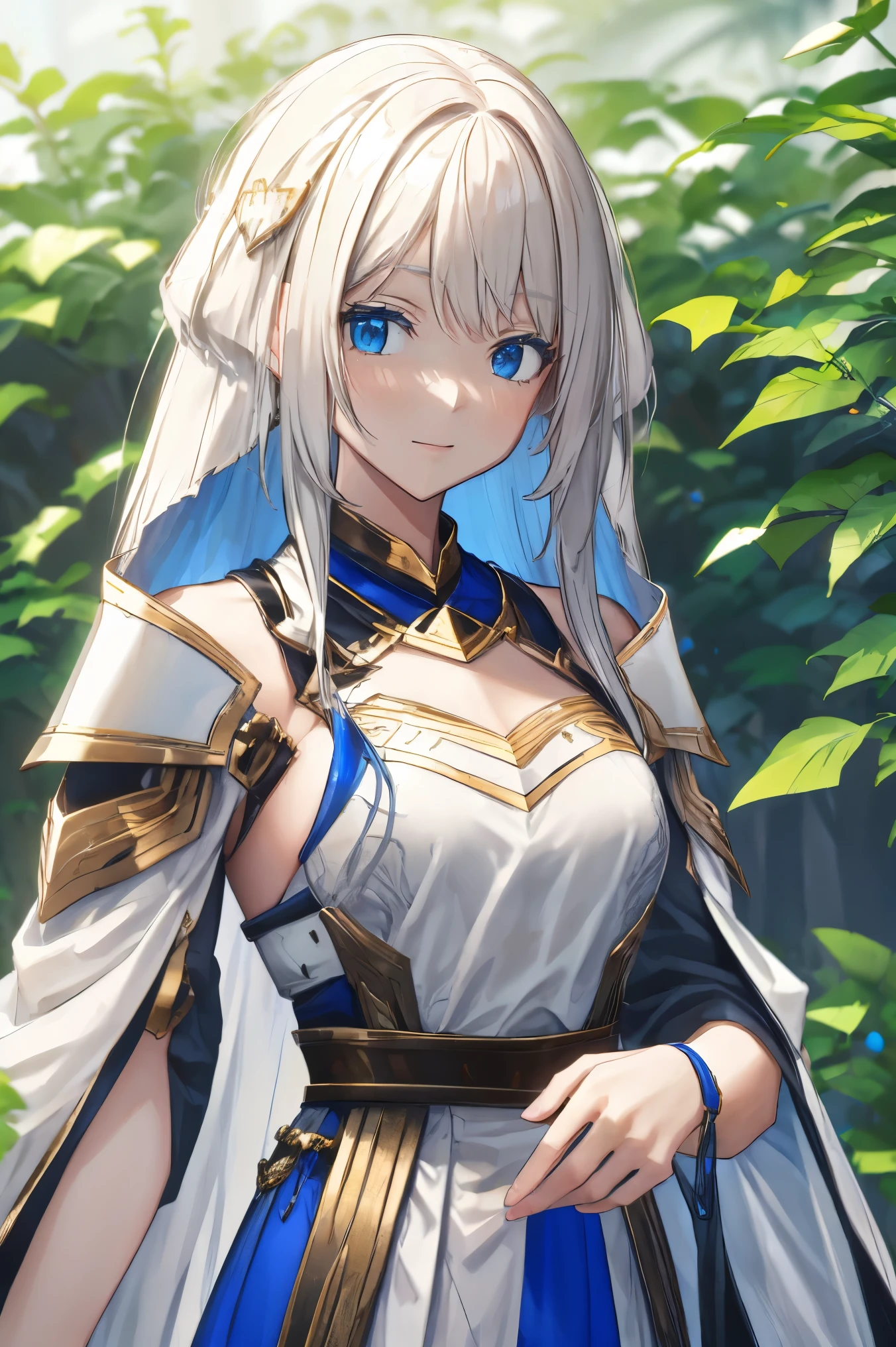 female, hair ornament, smile, look at camera,  white hair, blue eyes, armor, long hair