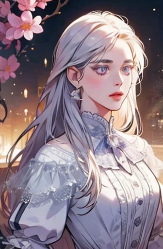 a determined victorian era woman in her early 30's wearing white coat, scholarly, surrounded by flowers, straight white medium-length hair, striking purple eyes, detailed realistic portrait, photorealistic, hyperrealistic, 8k, detailed clothing, beautiful detailed eyes, beautiful detailed lips, extremely detailed face, intricate ornate details, cinematic lighting, dramatic shadows, warm color tones, natural lighting, highly detailed, masterpiece, artstation, sharp focus, hyper detailed, half body