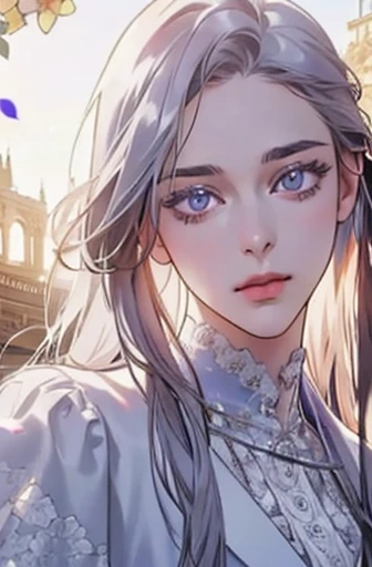 a determined victorian era woman in her early 30's wearing white coat, scholarly, surrounded by flowers, straight white medium-length hair, striking purple eyes, detailed realistic portrait, photorealistic, hyperrealistic, 8k, detailed clothing, beautiful detailed eyes, beautiful detailed lips, extremely detailed face, intricate ornate details, cinematic lighting, dramatic shadows, warm color tones, natural lighting, highly detailed, masterpiece, artstation, sharp focus, hyper detailed, half body
